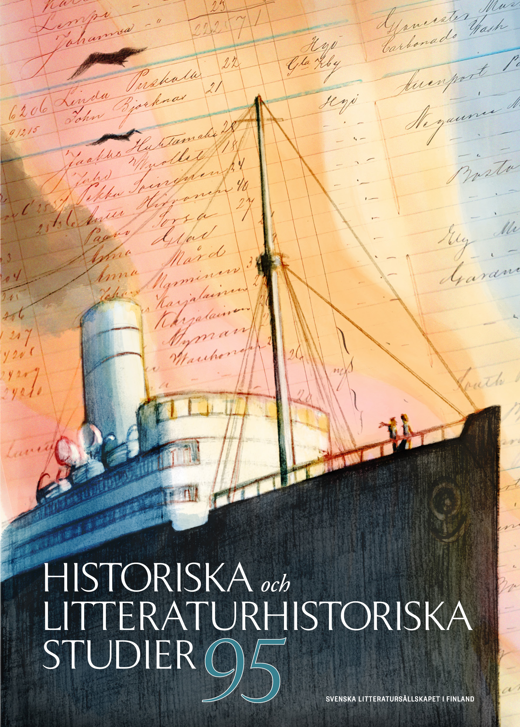 Omslag till Historiska och litteraturhistoriska studier 95, med teckning av ångbåt.